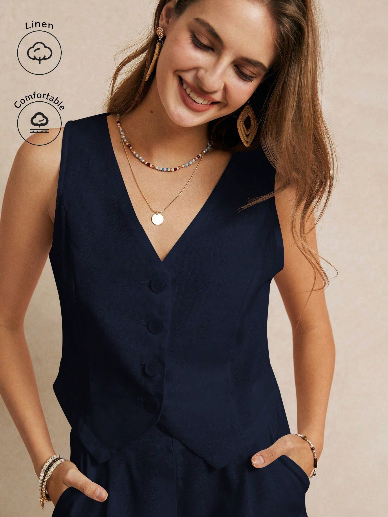 Frenchy Summer Vacation Wedding Season, Casual Boho Chic Solid Color Minimalist Draped V-Neck Sleeveless Blazer With Decorative Button Details, Elegant Romantic, Cute Top, Short Women Sets, White Essential, Summer Outfit, Wedding Season Essential, Cottage