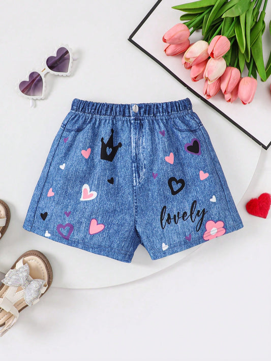 Young Girls Knit Faux Denim Heart Crown Pattern Casual Fitted Shorts