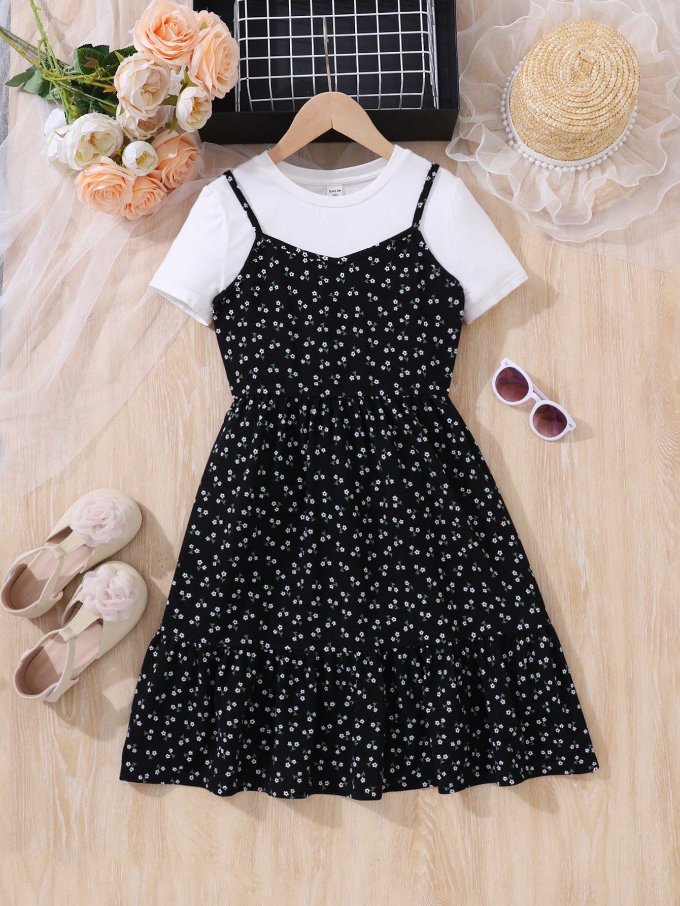 Tween Girl Casual Knit Short Sleeve Top And Floral Cami Dress Set For Outings, Spring And Summer