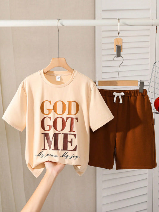 Tween Boy Casual Lettering Printed Round Neck Pullover T-Shirt Side Seam Pockets Solid Color Shorts Knitted Two-Piece Set