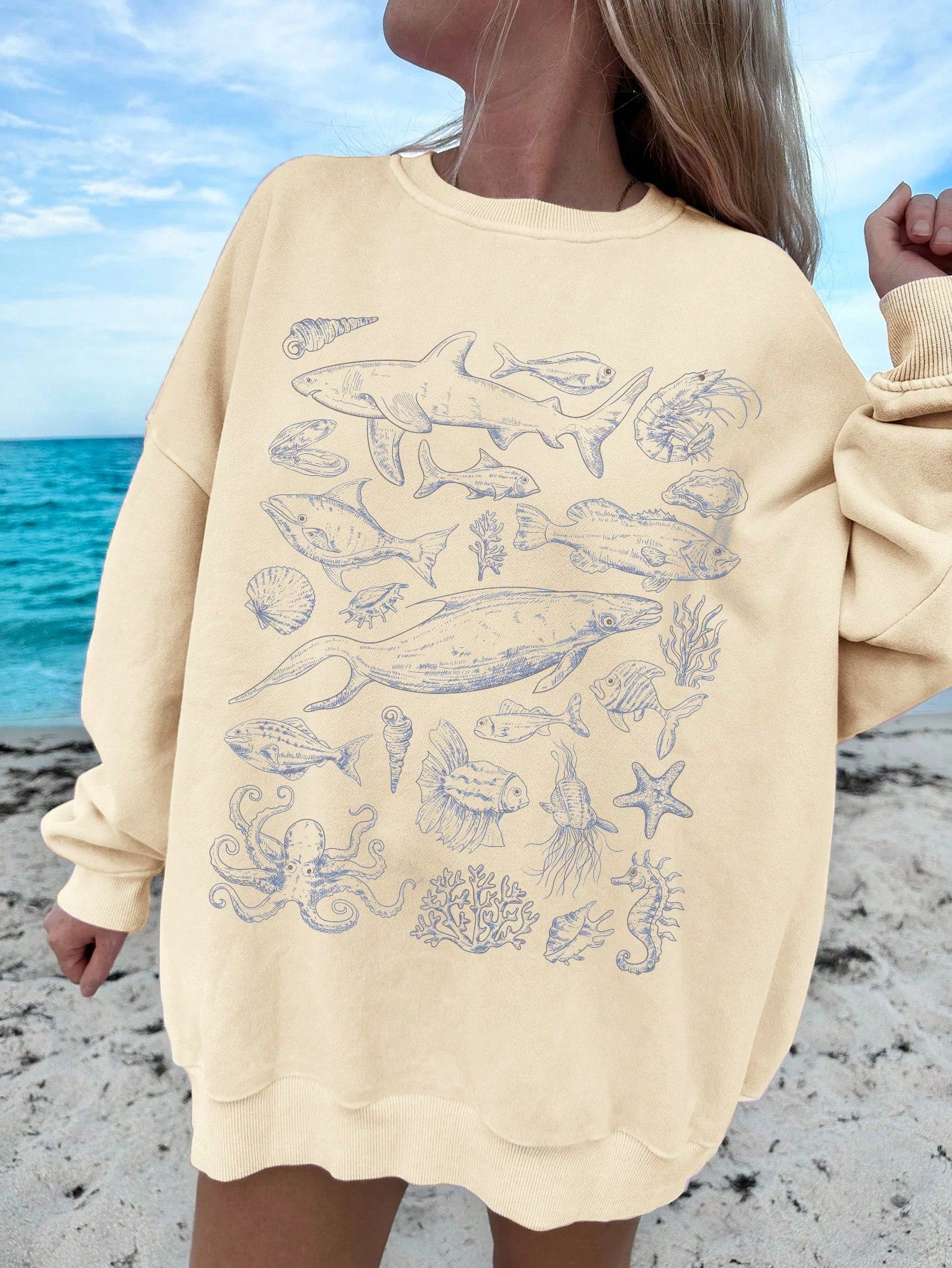 Beach Pattern & Ocean Creatures Print Casual Round Neck Casual Long Sleeve Sweatshirt For Women