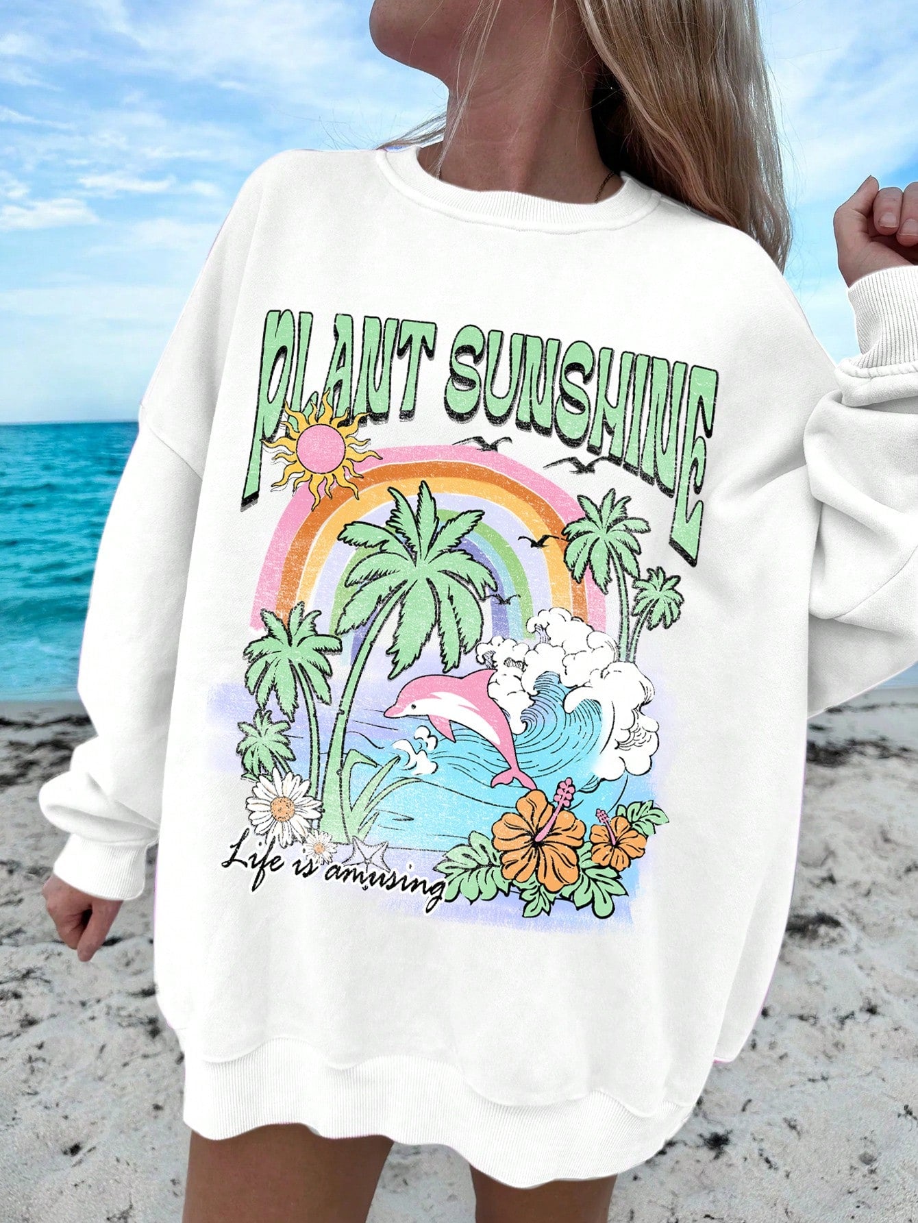 Casual And Minimalistic Wide-Leg Women's Sweatshirt With Beach Wave And Palm Tree Print, Round Neck And Long Sleeves