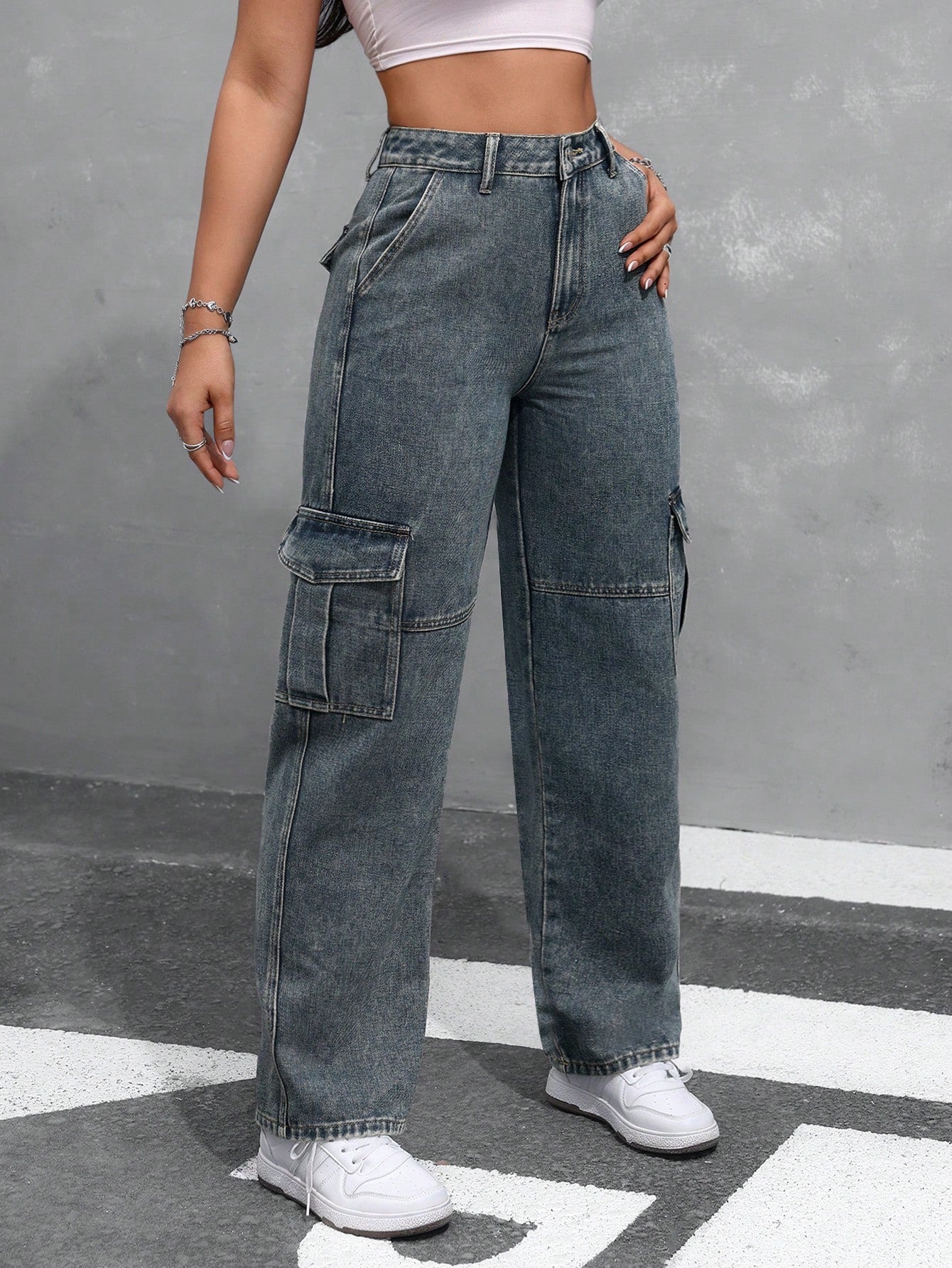 Solid Color Cargo Denim Pants