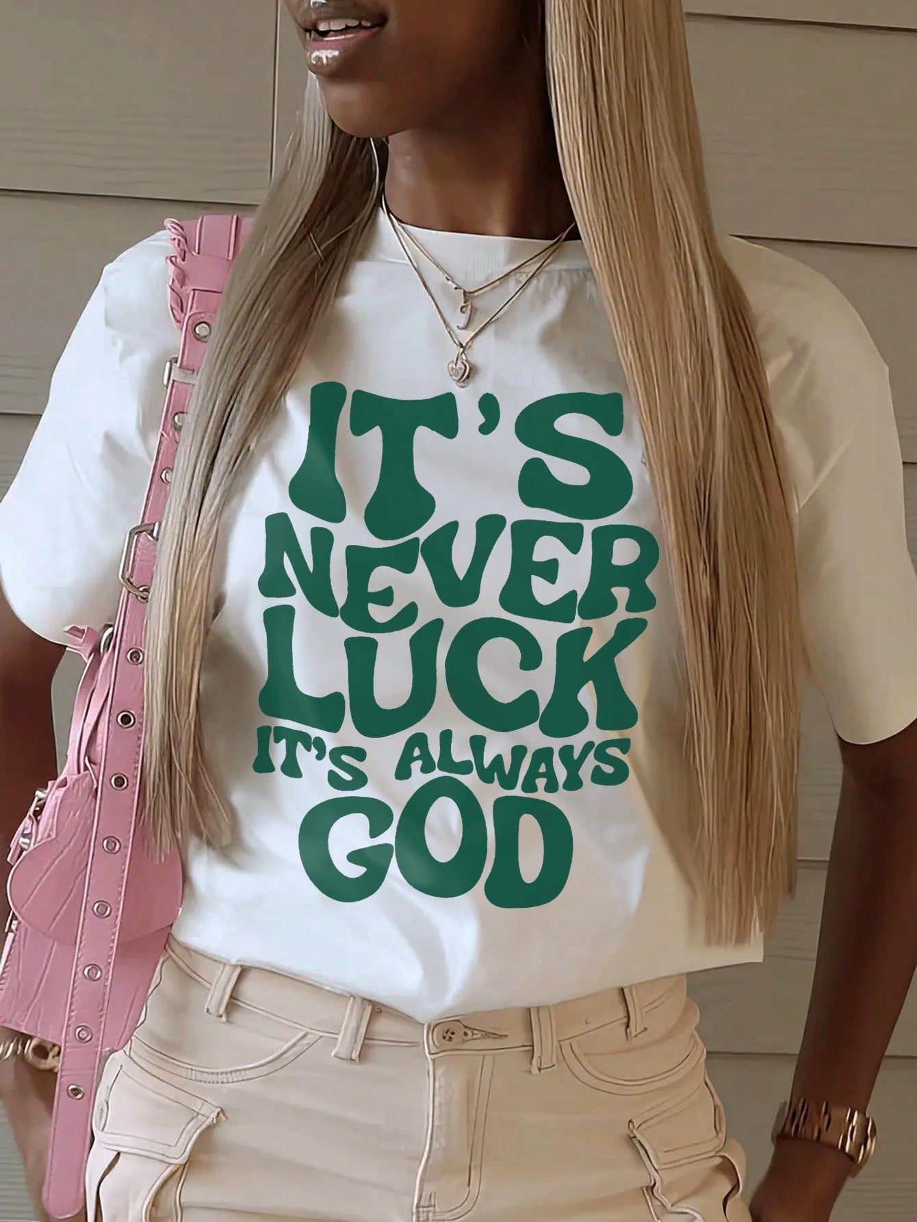 Women's Summer Round Neck Short Sleeve Casual T-Shirt With Slogan Print IT'S NEVER LUCK IT'S ALWAYS GOD