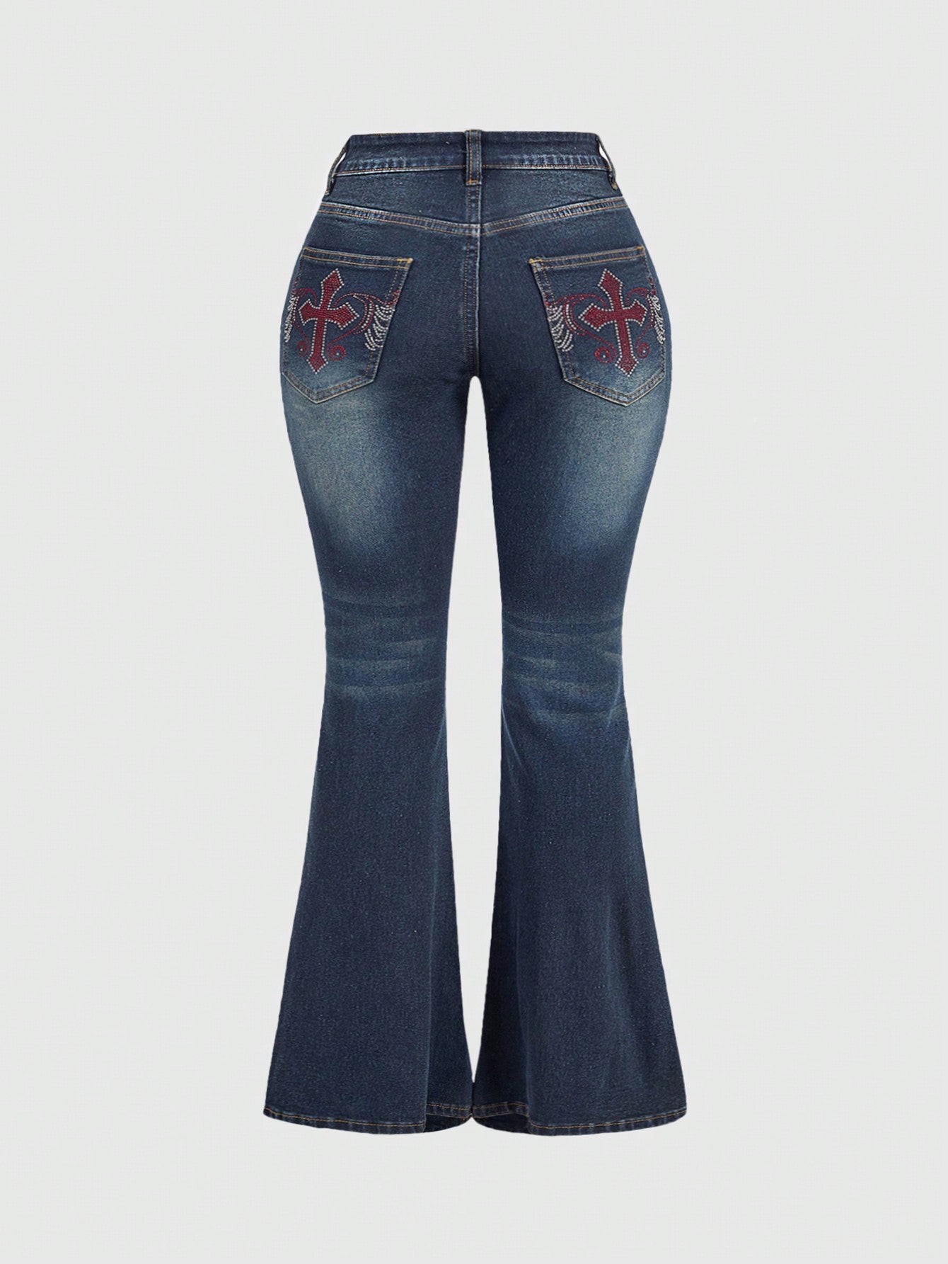 Punk Plus Size Women'S Flared Jeans Decorated With Cross & Hotfix Rhinestones