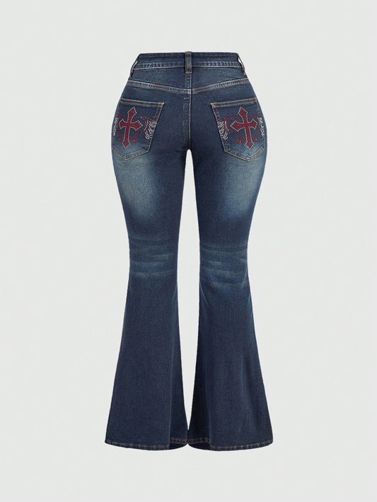 Punk Plus Size Women'S Flared Jeans Decorated With Cross & Hotfix Rhinestones