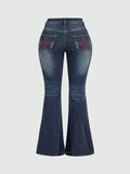 Punk Plus Size Women's Flared Jeans Decorated With Cross & Hotfix Rhinestones, School