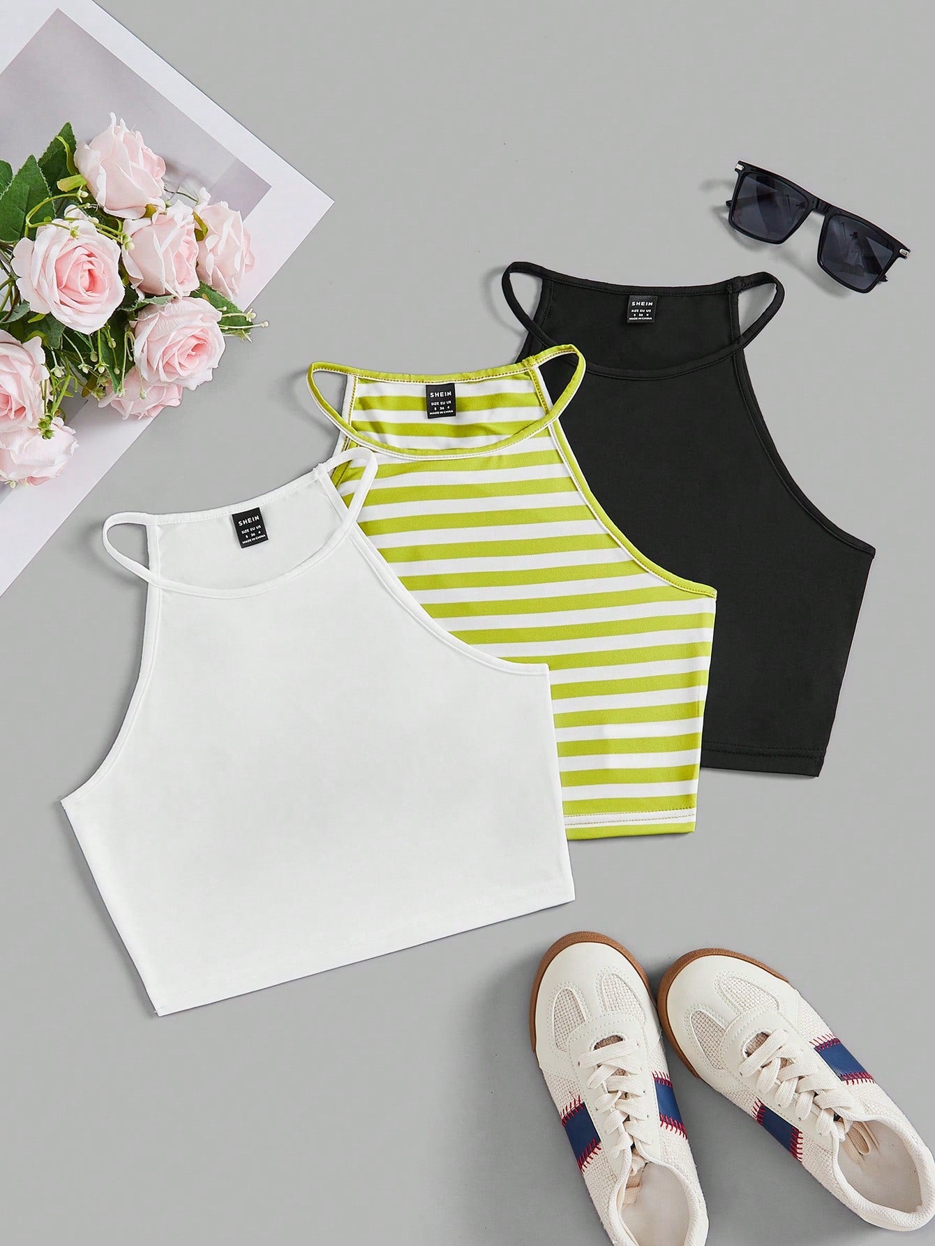 Summer 3pcs/Set Knitted Striped Halter Tight Top With Color-Blocking Design