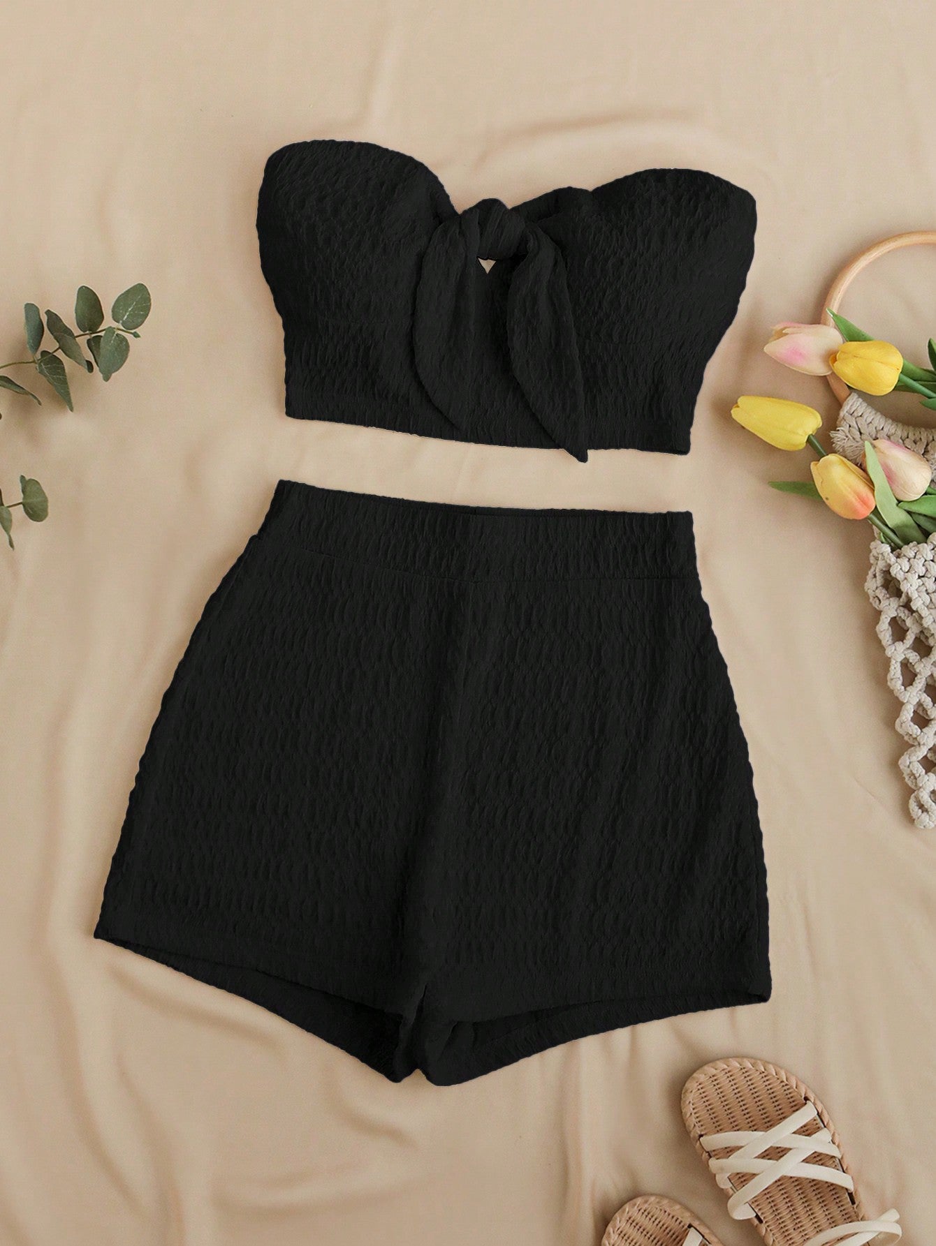 Summer Solid Color Textured Bandeau Top And High-Waisted Shorts Set