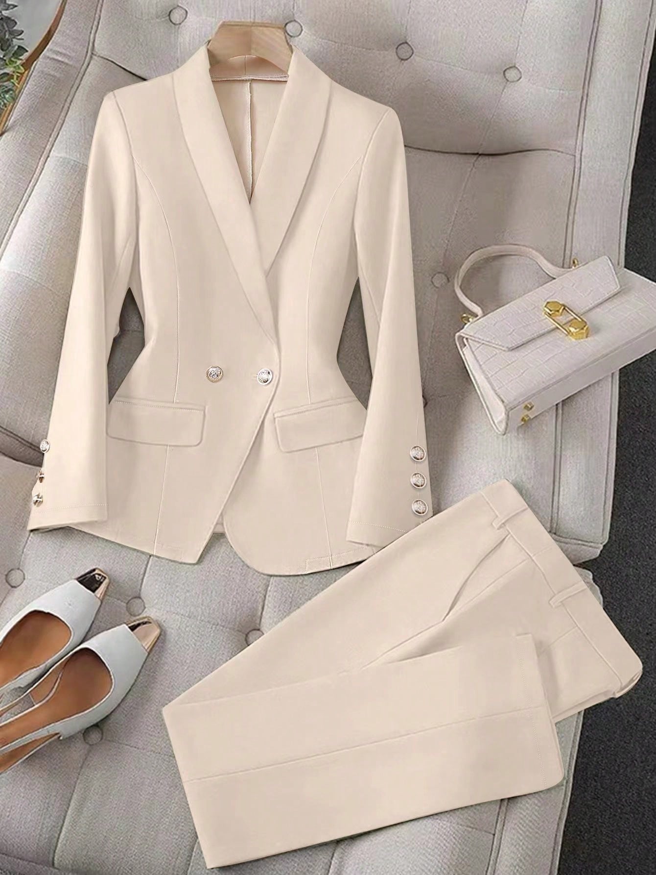 Apricot Color Long Sleeve Lapel Women's Suit Jacket And Pants Set