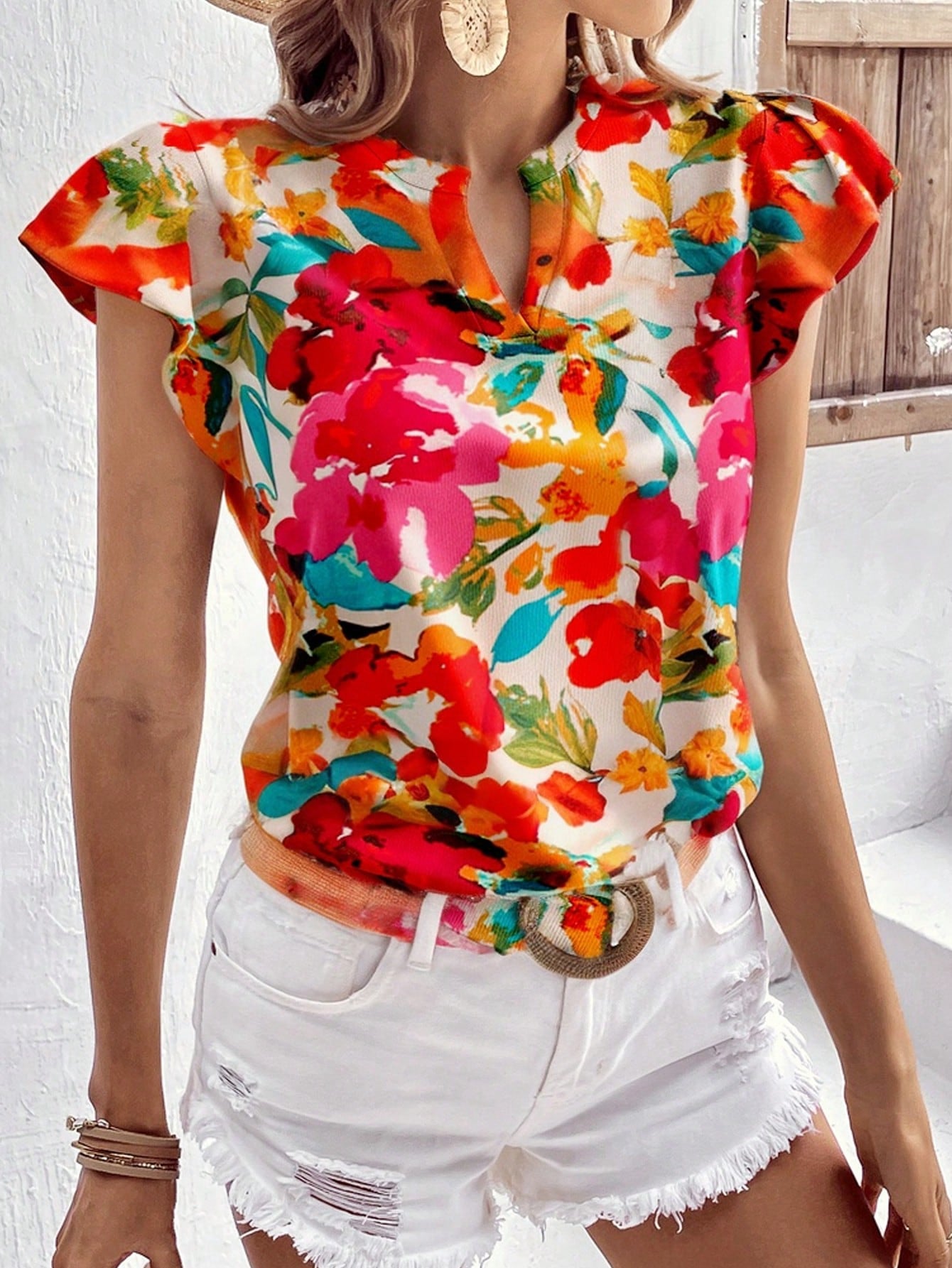 Women Notched V-Neck Shirt With Ruffle Sleeves For Summer  Flower Summer Cute Shirts