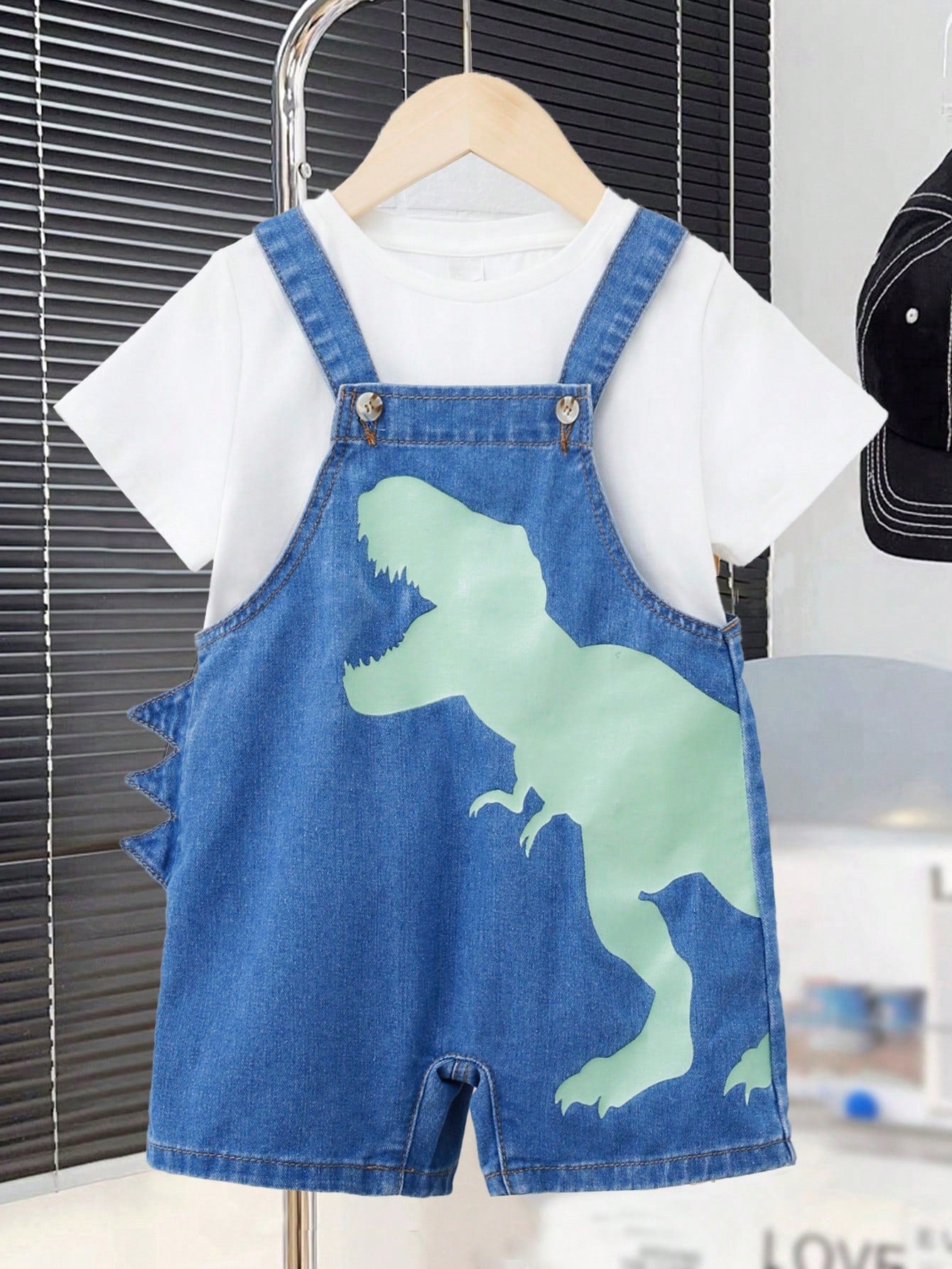 Young Boy Blue Cute Dinosaur Print And Three-Dimensional Decorative Design Lively Casual Everything Comfortable Baggy Denim Overalls For Summer Vacation And Dailywear Dids Outfits A Birthday Present For A Child