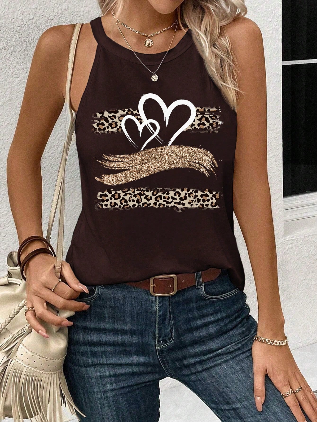 Casual Heart Print Halter Neck Tank Top, Suitable For Summer