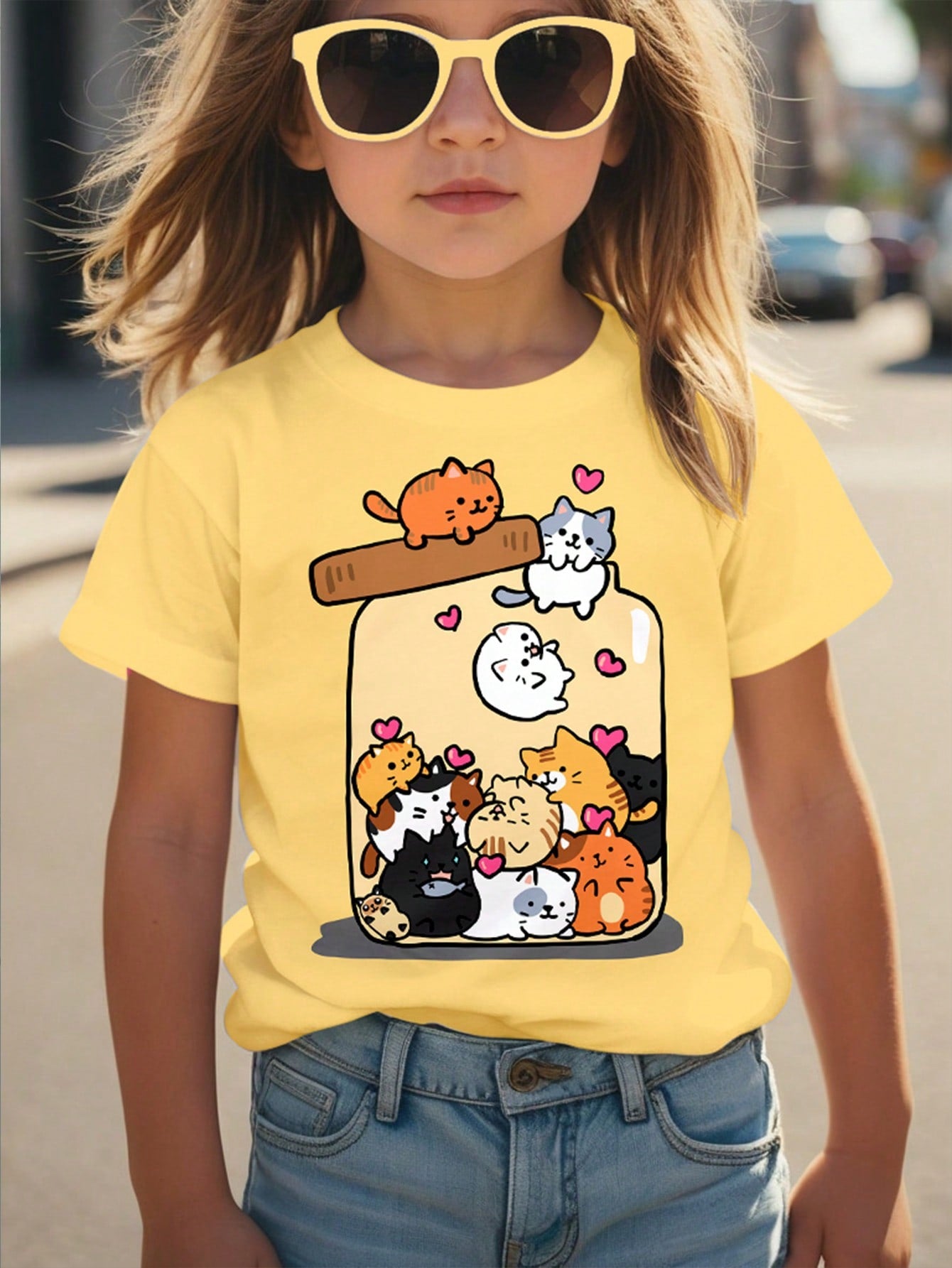 Cute Cat, Tween Girl Casual Simple Short Sleeve Round Neck T-Shirt Suitable For Summer