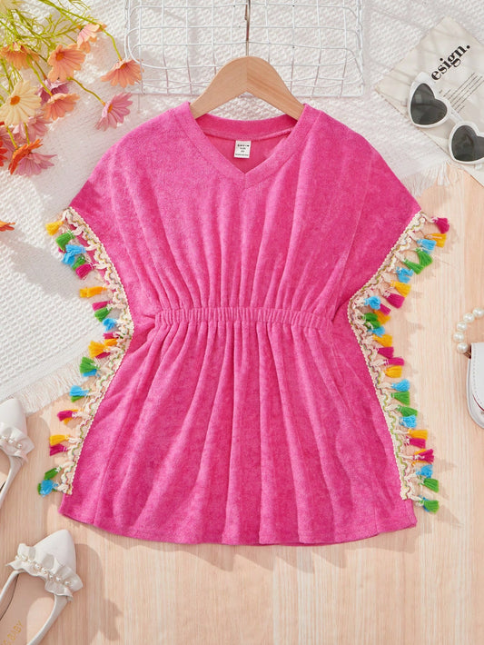 Young Girl Knitted Fringed Loose Fit Casual Cover Up With V-Neck