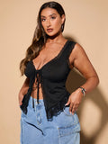 Plus Size Women's Contrast Lace Tie Front Dating Daily Tank Top