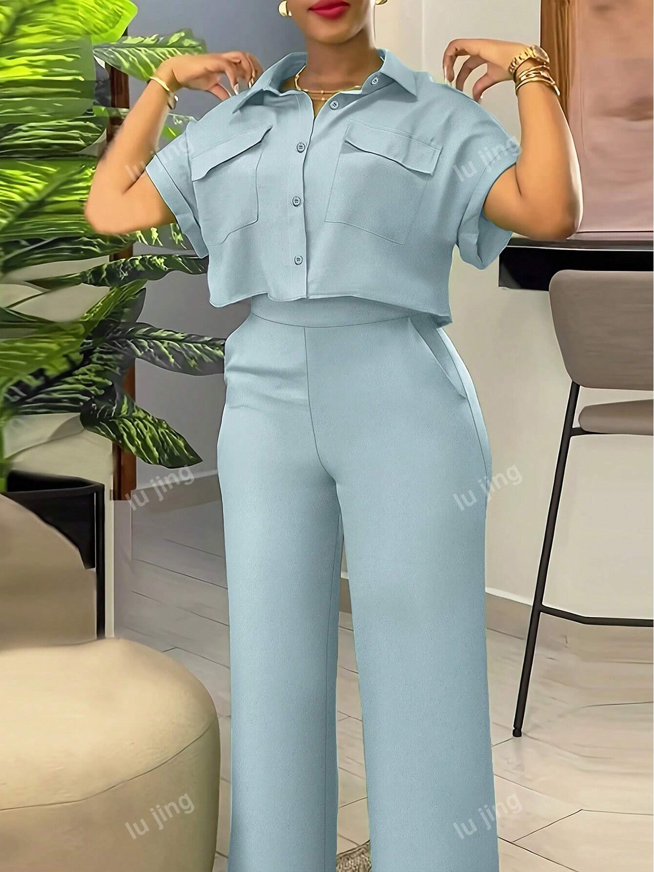 Summer Casual Workwear Short-Sleeved Shirt And Long Pants Two-Piece Set