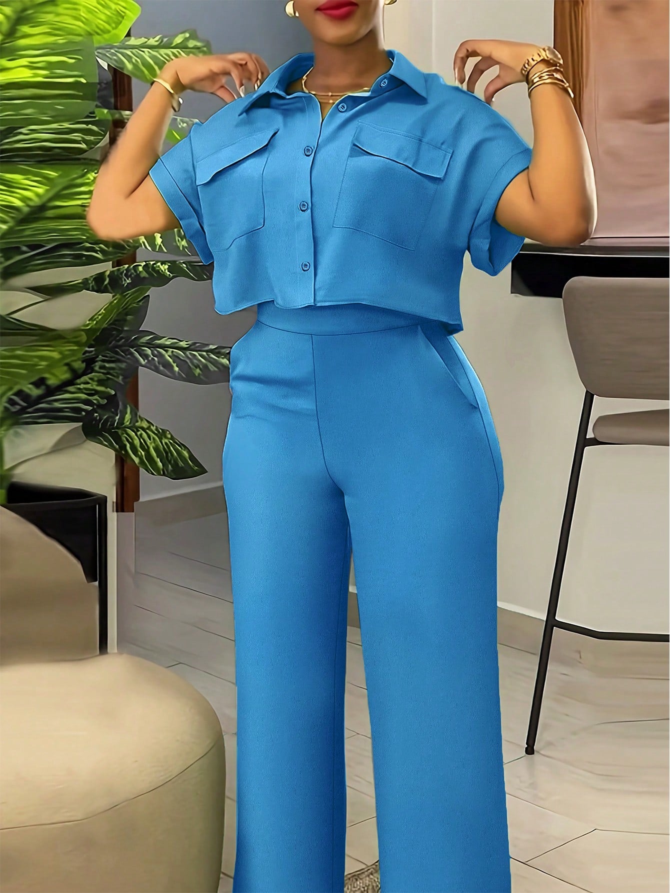 Summer Casual Workwear Short-Sleeved Shirt And Long Pants Two-Piece Set