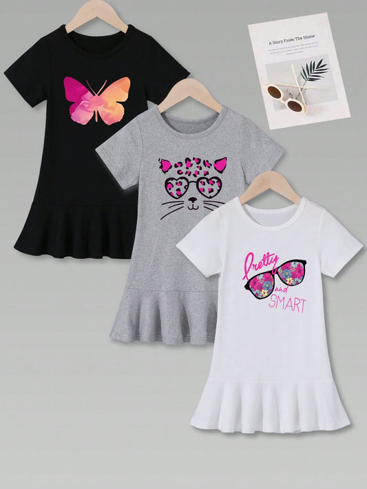 Young Girl 3pcs Casual Pencil Dress & Short Sleeve Dress Set, Summer