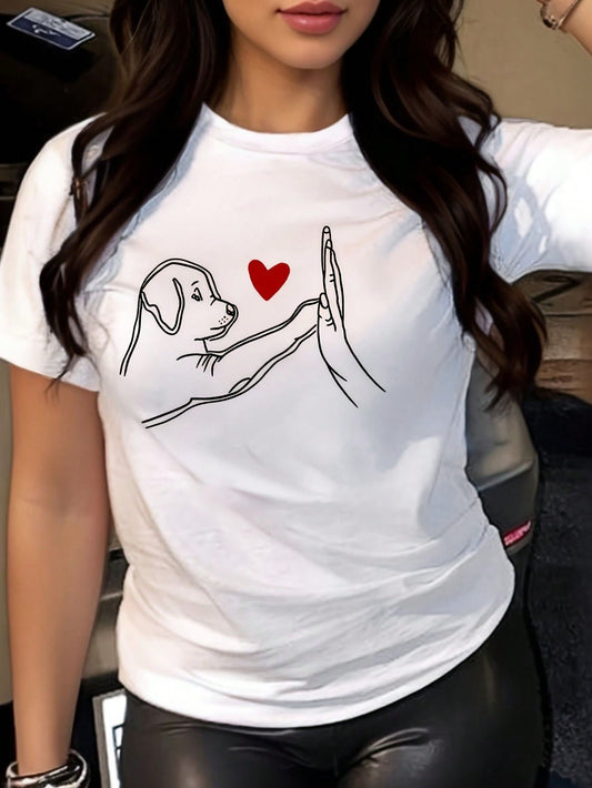 Dog & Heart Printed T-Shirt, Cute Cartoon Dog Printed Shirt, Round Neck Short Sleeve Top For Women, Summer Casual