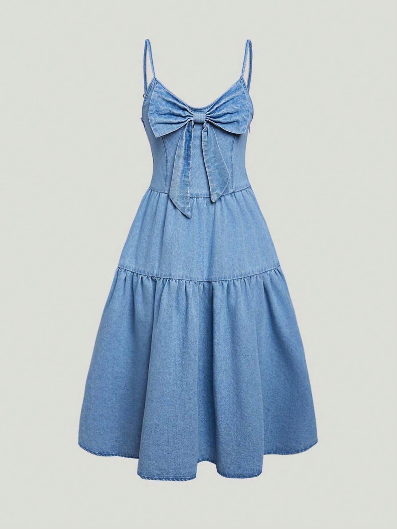 Teen Girl Sweet Bowknot Decor Waistline Empire Royal Style Vacation Mid-Length Cami Denim Dress For Summer Outfits