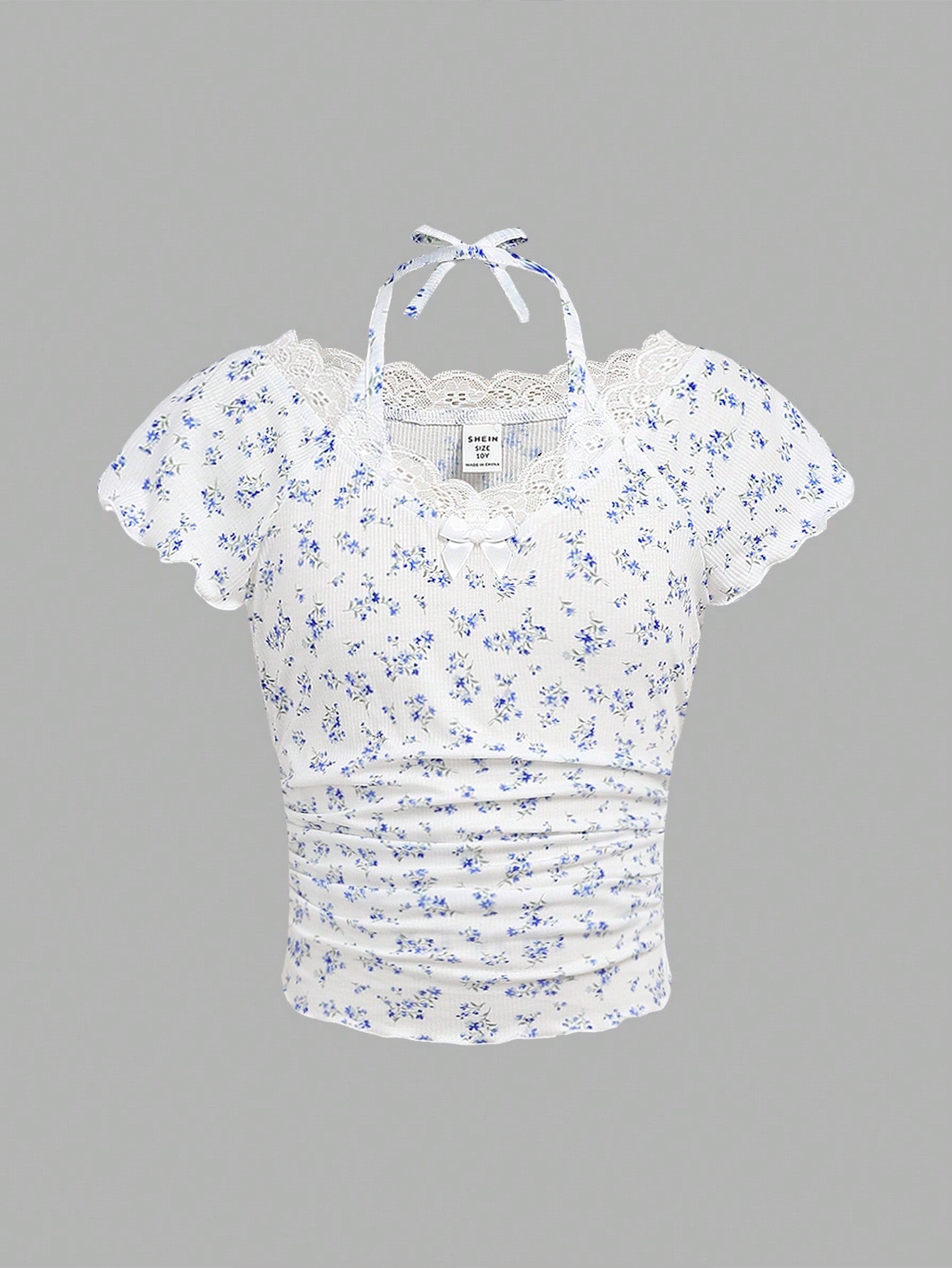 Tween Girl Flower Print Lace Trim Halter Tie Neck T-Shirt