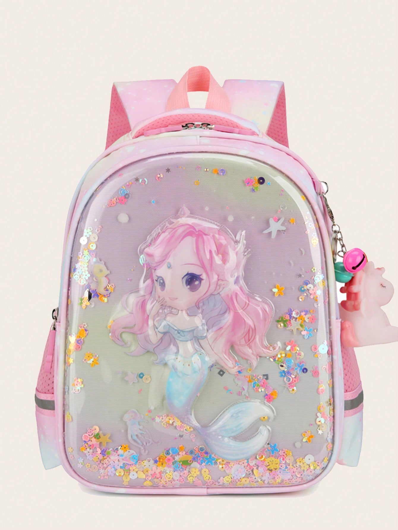 Girls Unicorn Pattern Zipper Functional Backpack With Bag Charm