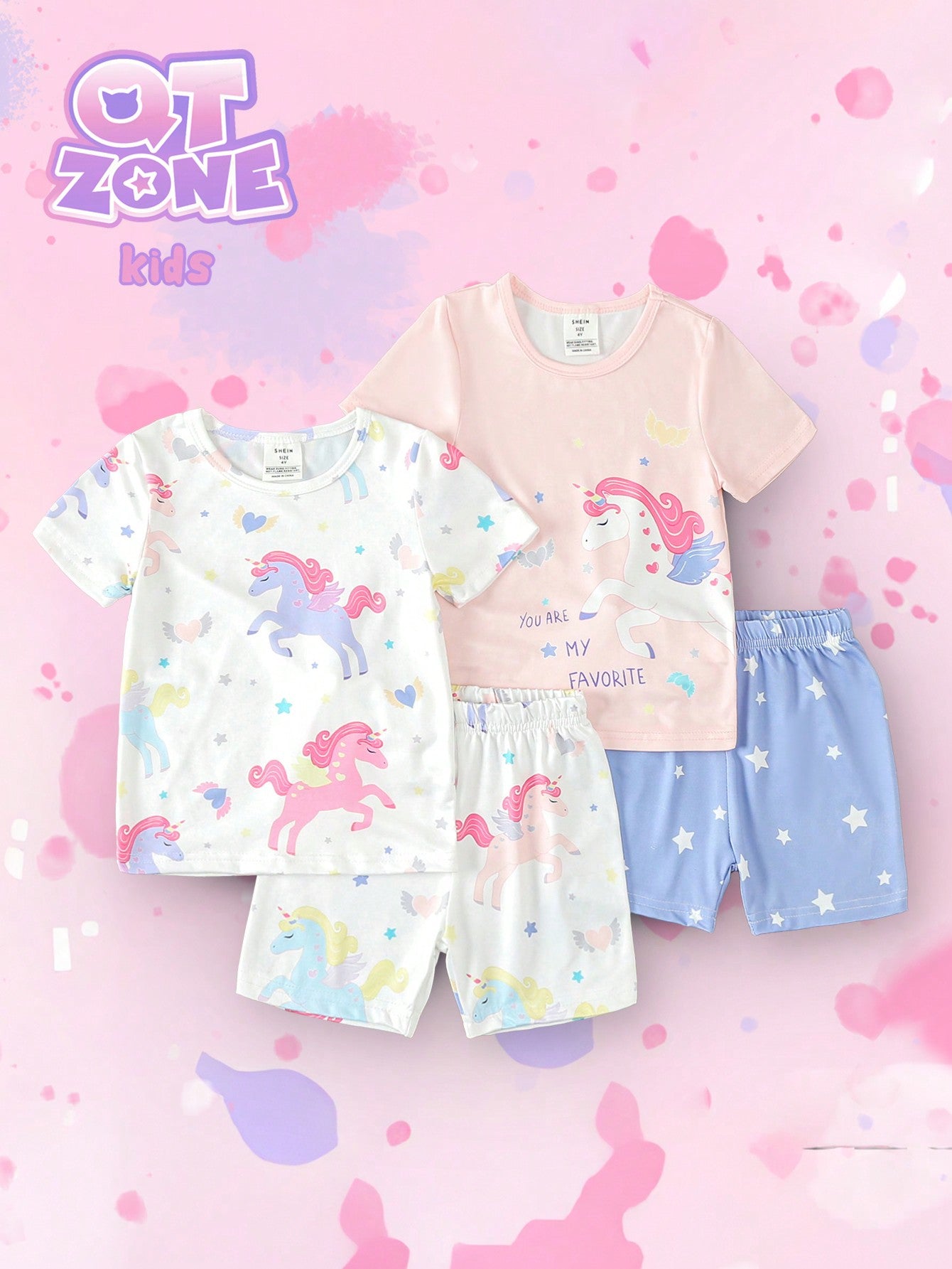 Young Girl Cartoon Unicorn Print Short Sleeve And Shorts Casual Two-Piece Set Snug Fit Home Clothing