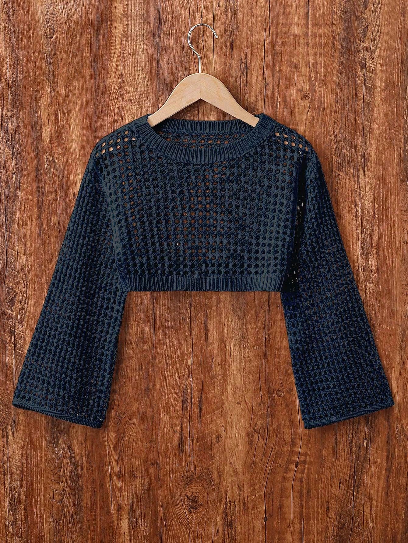 Tween Girl Solid Color Round Neck Long Sleeve Cropped Sweater With Hollow Out Design, Spring/Summer