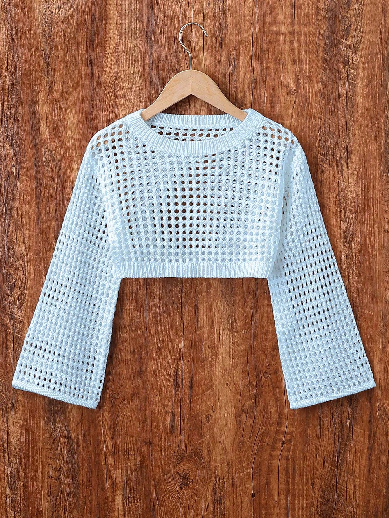 Tween Girl Solid Color Round Neck Long Sleeve Cropped Sweater With Hollow Out Design, Spring/Summer