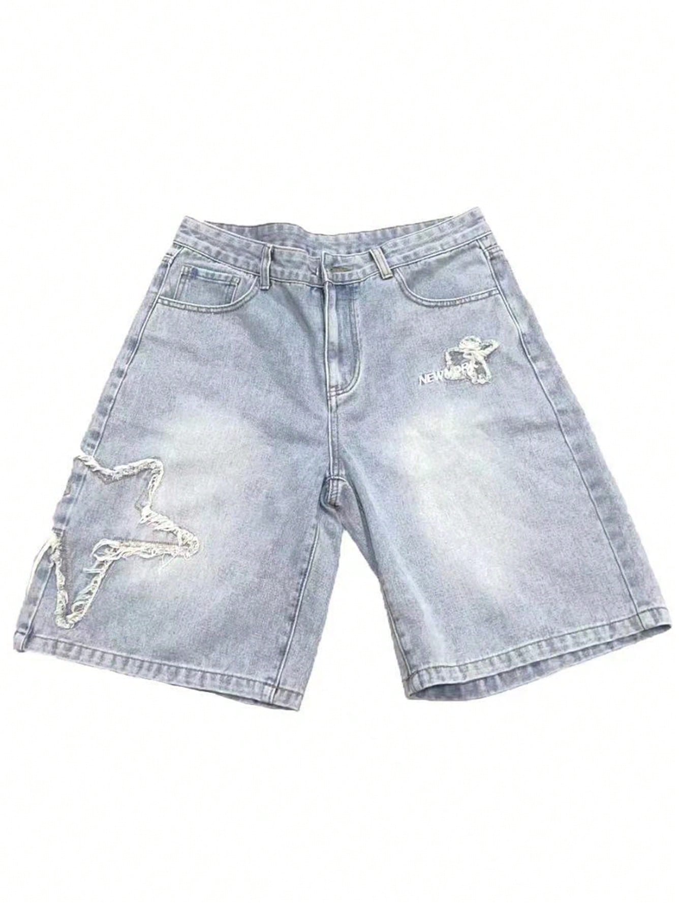 Street Life Men's Loose Fit Denim Shorts With Printed Letters, Stars And Patches, Suitable For Daily Wear, Spring And Summer