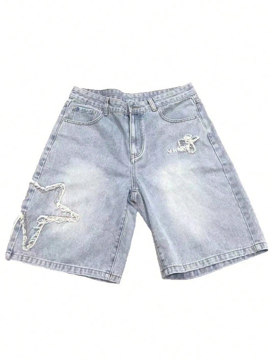 Street Life Men's Loose Fit Denim Shorts With Printed Letters, Stars And Patches, Suitable For Daily Wear, Spring And Summer