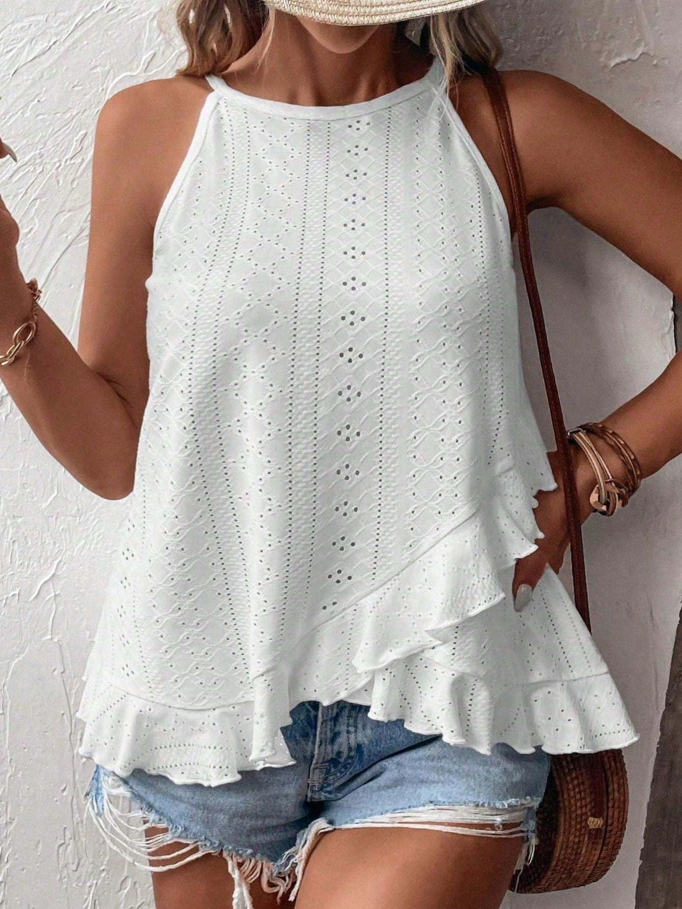 Plus Size Women Loose Halter Neck Ruffle Trim Tank Top For Summer Vacation