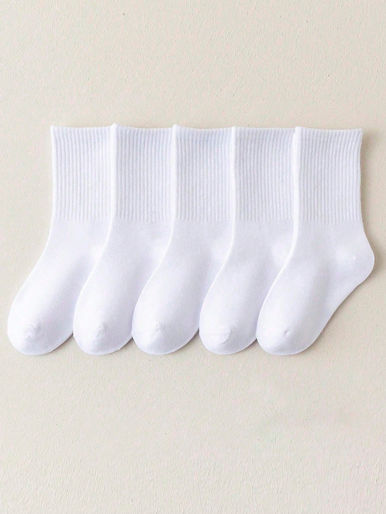 5 Pairs Of Children's White Casual Striped Mid-Calf Socks With College Style