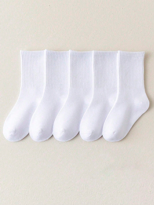 5 Pairs Of Children's White Casual Striped Mid-Calf Socks With College Style