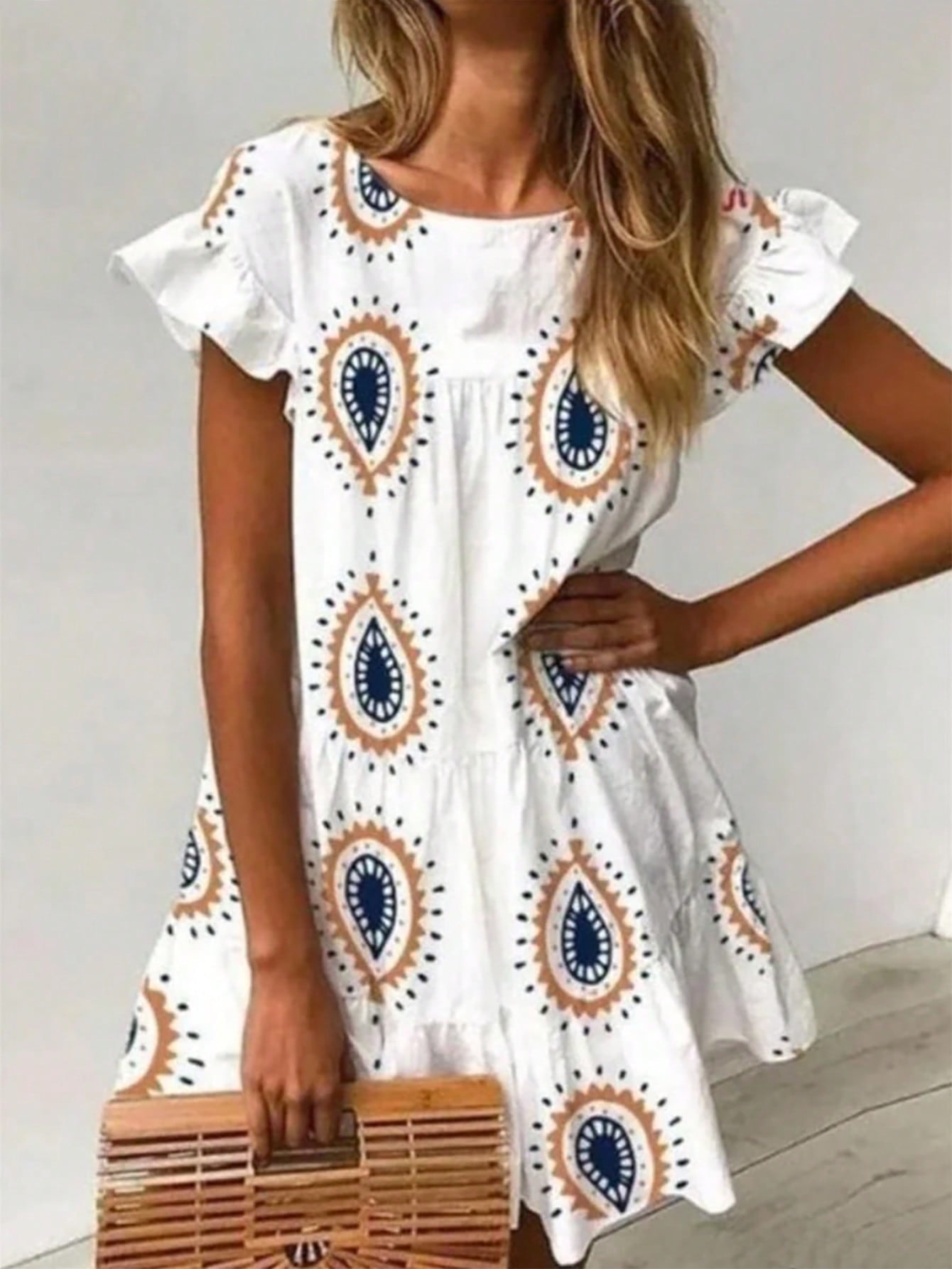 Round Neck Short Sleeve Dress With All-Over Print And Ruffle Hem For Summer