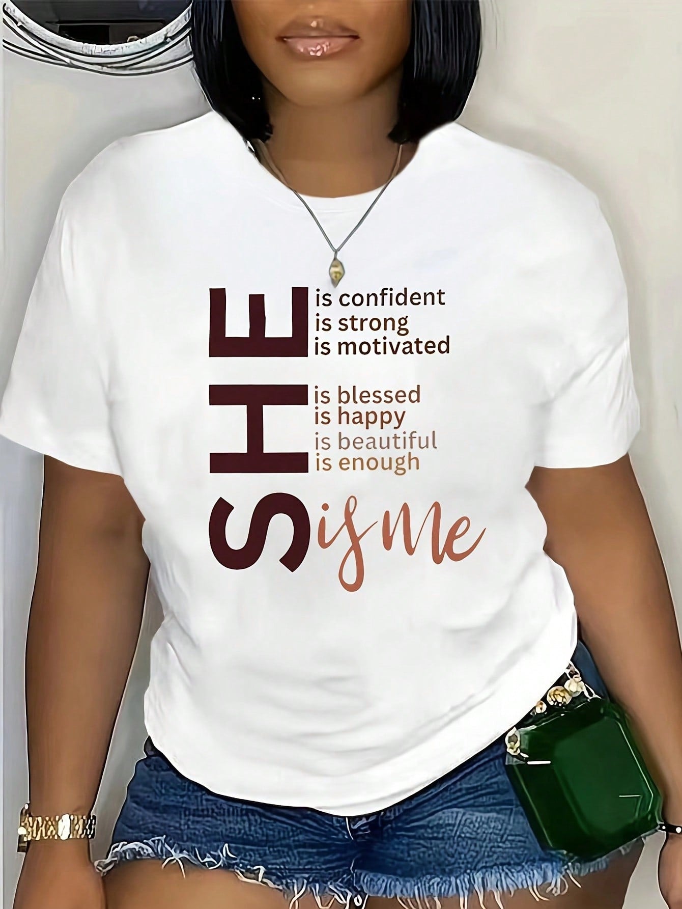 Plus Short-Sleeved T-Shirt With Slogan SHE Is Confident Is Strong Is Motivated Is Happy Is Beautiful Is Enough Is Me