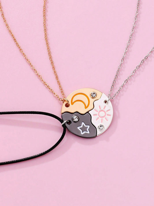 3pcs Moon, Sun And Star Pendant Necklaces Fashion BFF Friendship Necklace Set With Circular Connector