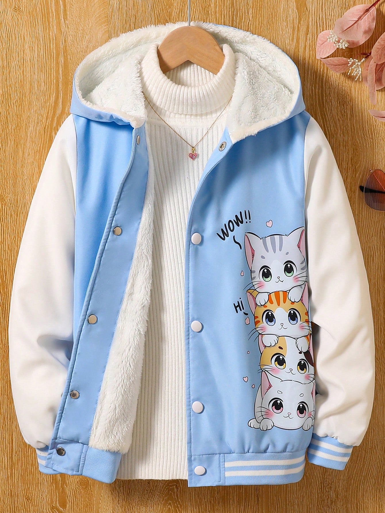 Tween Girl Color Block Hooded Printed Cat Fleece Jacket