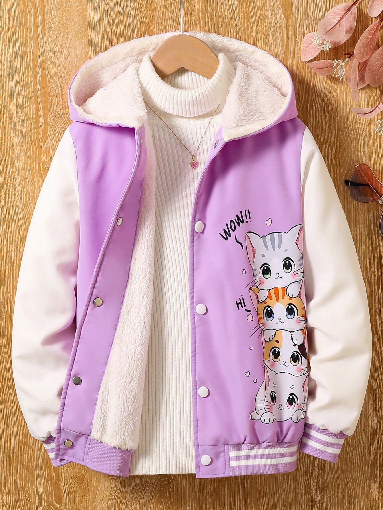 Tween Girl Color Block Hooded Printed Cat Fleece Jacket