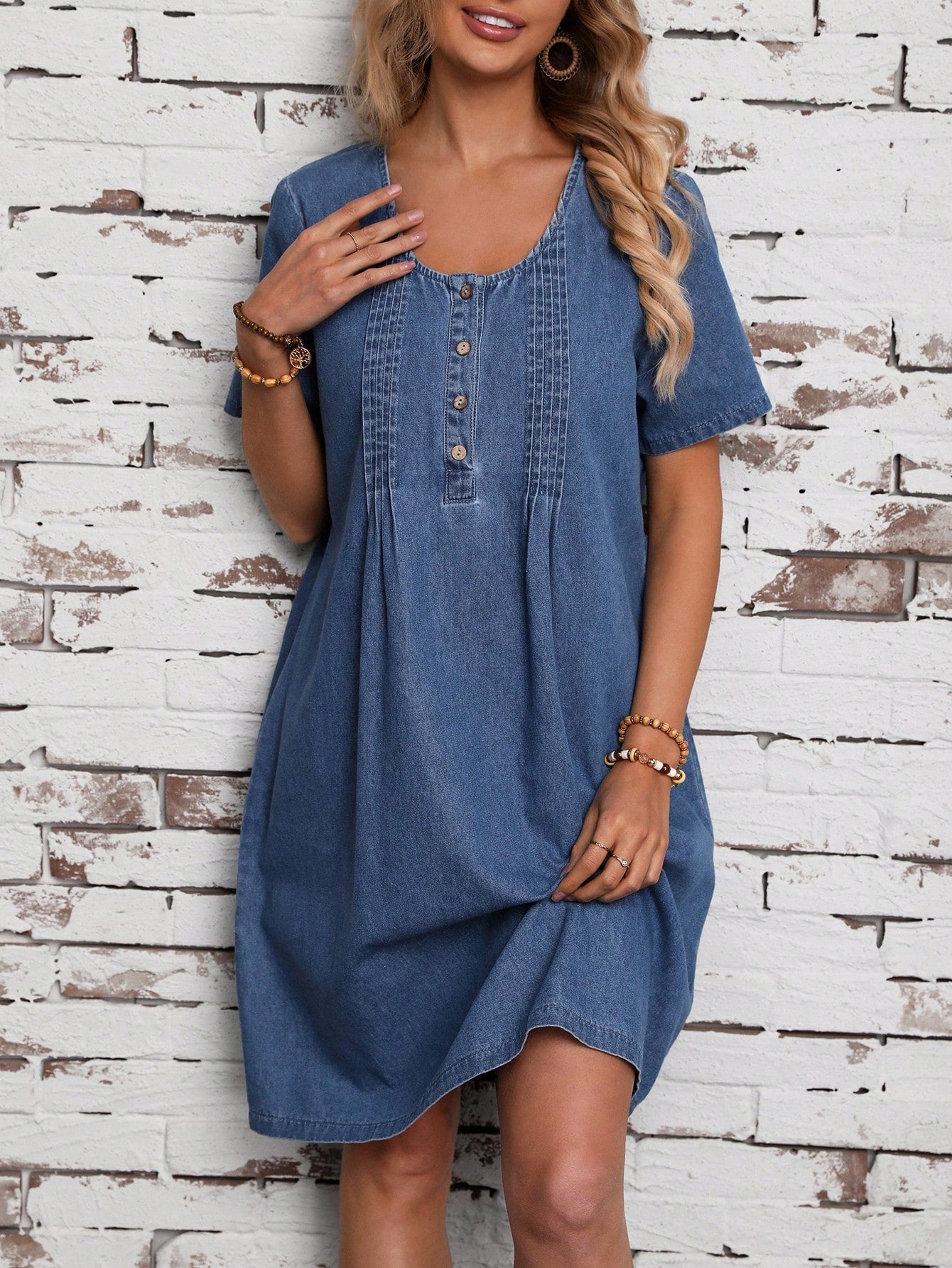 Women's Button Front Short Sleeve Denim Dress