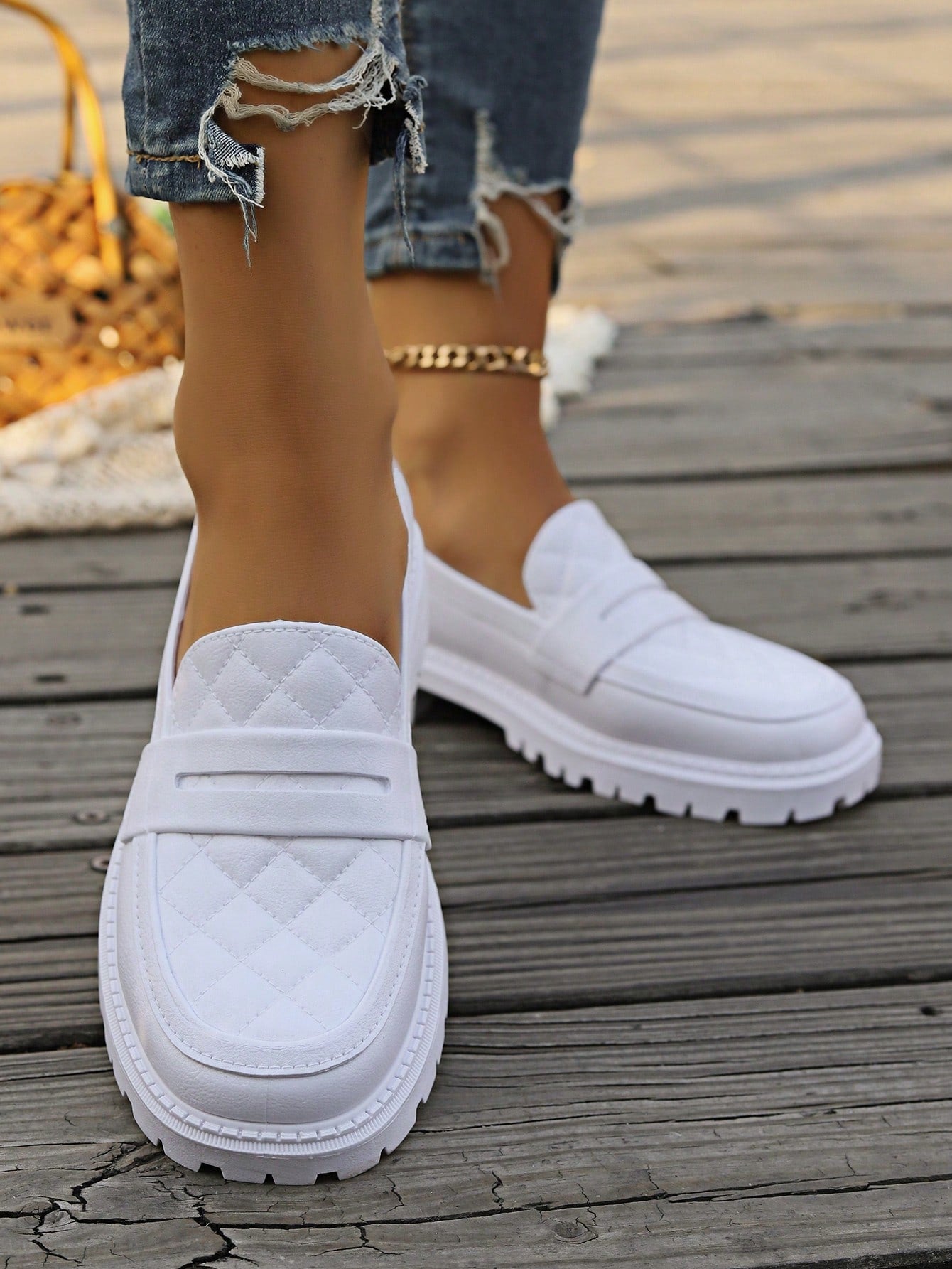 Women's White Platform Wedge Loafers With Thick Soles, Decorated With Diamond Pattern PVC Material, Waterproof, Closed-Toe, Chunky Heel, Ideal For Summer And Beach