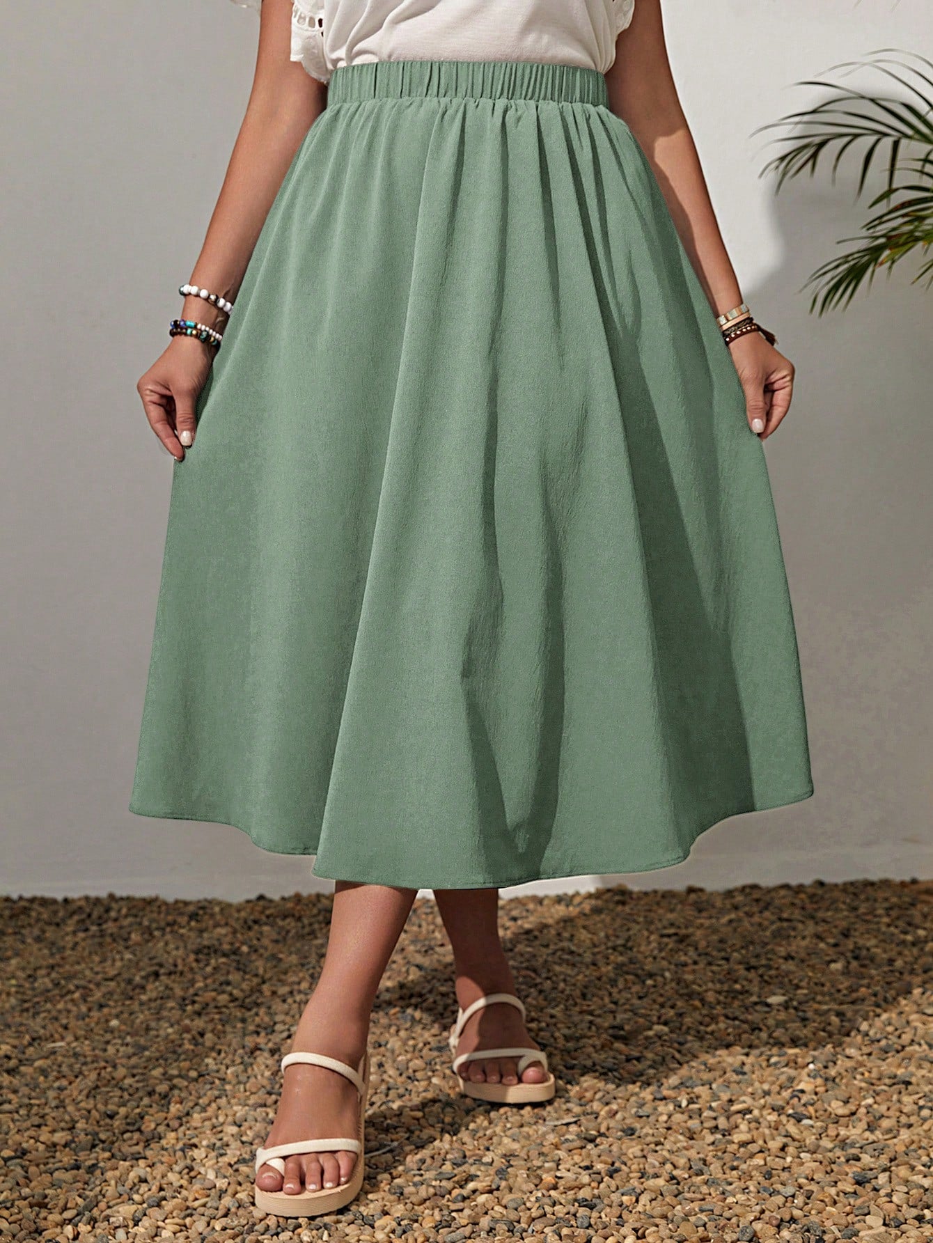 Plus Size Solid Color Elastic Waist Swing Loose Summer Fashion All-Match Skirt