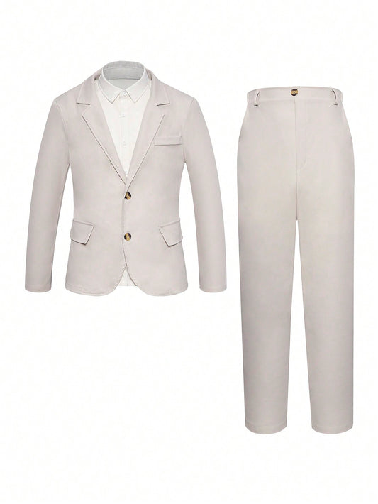 Teen Boy Solid Color Suit Jacket And Pants Set, Long Sleeve Gentleman Formal Wear