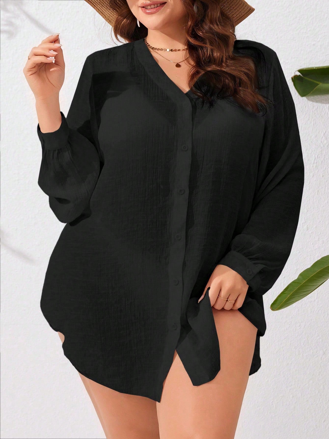 Swim Curve Summer Beach Plus Size Solid Color Kimono With Front Buckle Closure And Lantern Sleeve