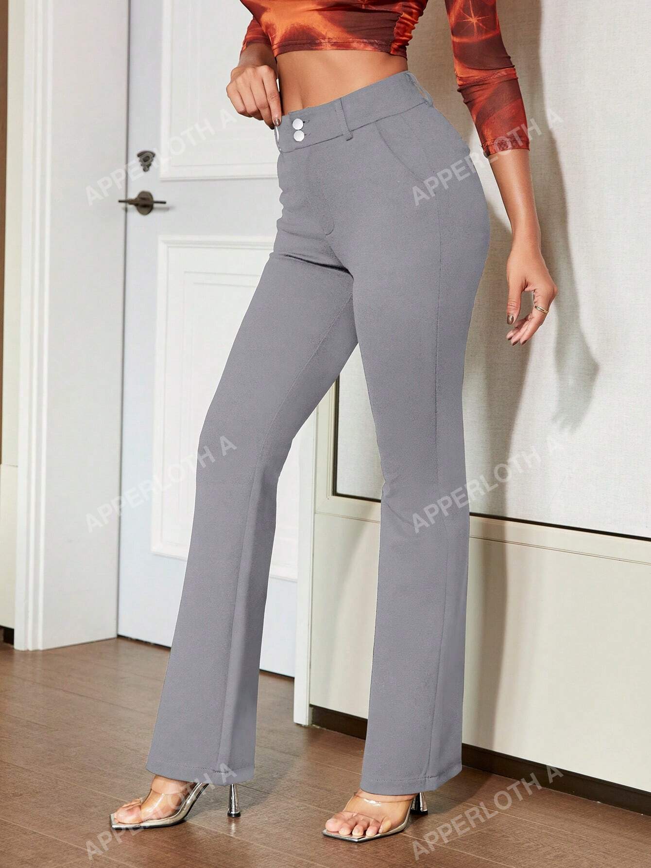 A Elegant High Waist Double Button Slant Pocket Wide Leg Work Pants Trousers