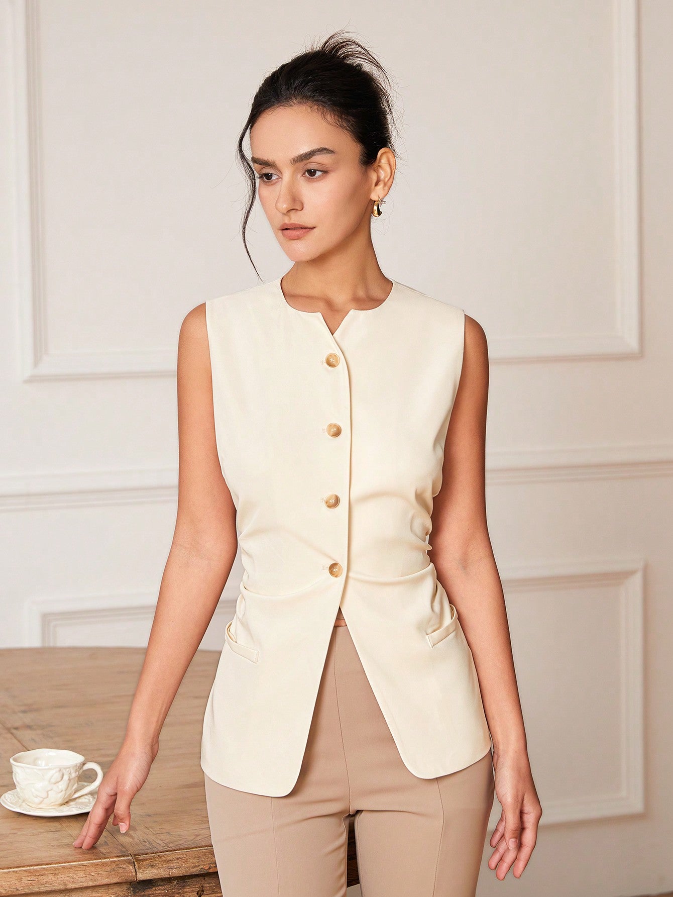 Spring/Summer Casual Solid Color Pleated Waistcoat For Suit