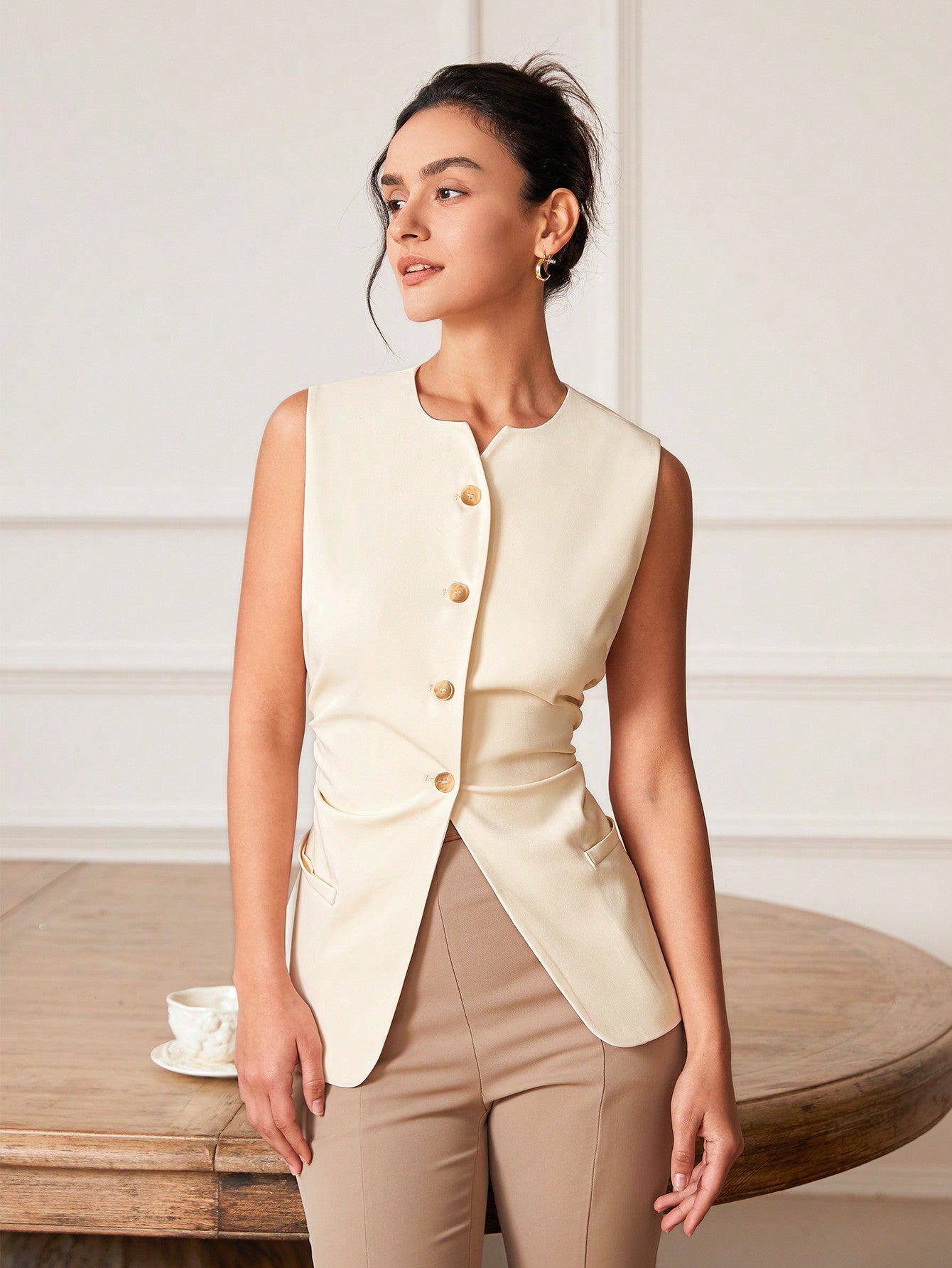 Spring/Summer Casual Solid Color Pleated Waistcoat For Suit