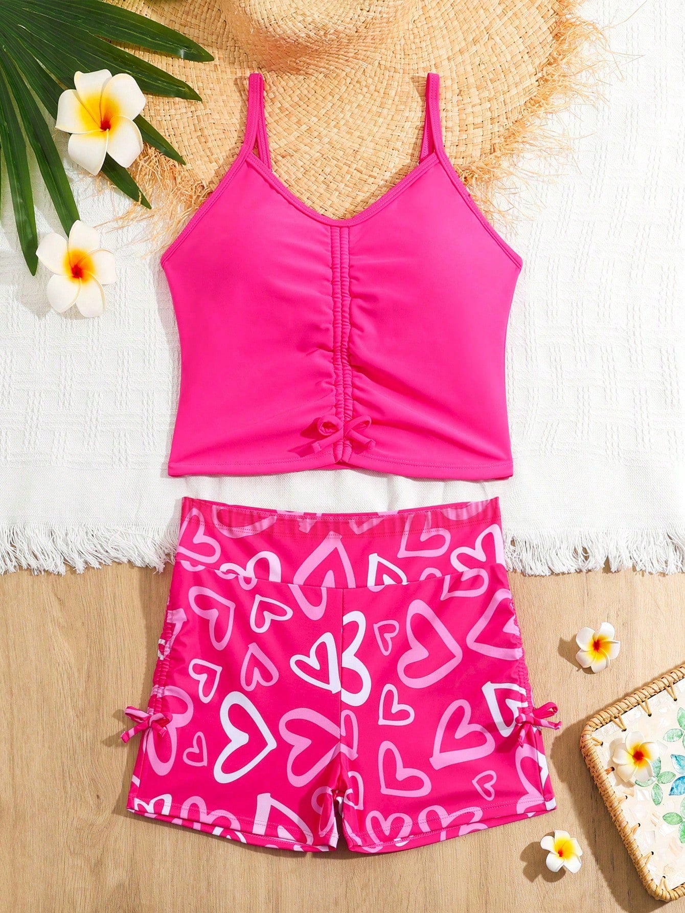 Tween Girls' Ruffle Detail Cami Top & Heart Print Shorts Tankini Swimsuit Set