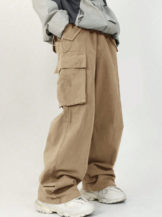 Tween Boy Vacation College Style Slanted Pockets 3D Stick Pocket Straight Wide-Leg Solid Woven Pants